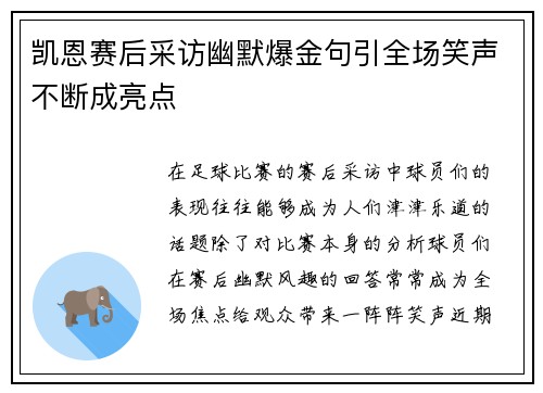 凯恩赛后采访幽默爆金句引全场笑声不断成亮点