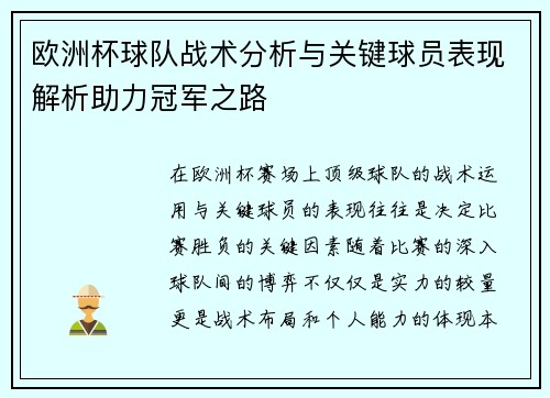 欧洲杯球队战术分析与关键球员表现解析助力冠军之路