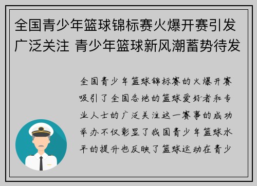 全国青少年篮球锦标赛火爆开赛引发广泛关注 青少年篮球新风潮蓄势待发 全国青少年篮球锦标赛火爆开赛引发广泛关注 青少年篮球新风潮蓄势待发